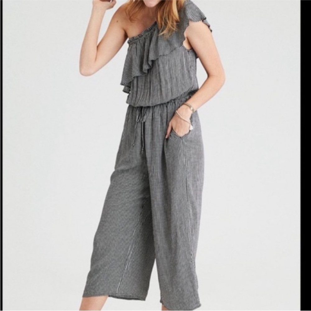 American Eagle Outfitters Ruffled Checkered Print One Shoulder Jumpsuit